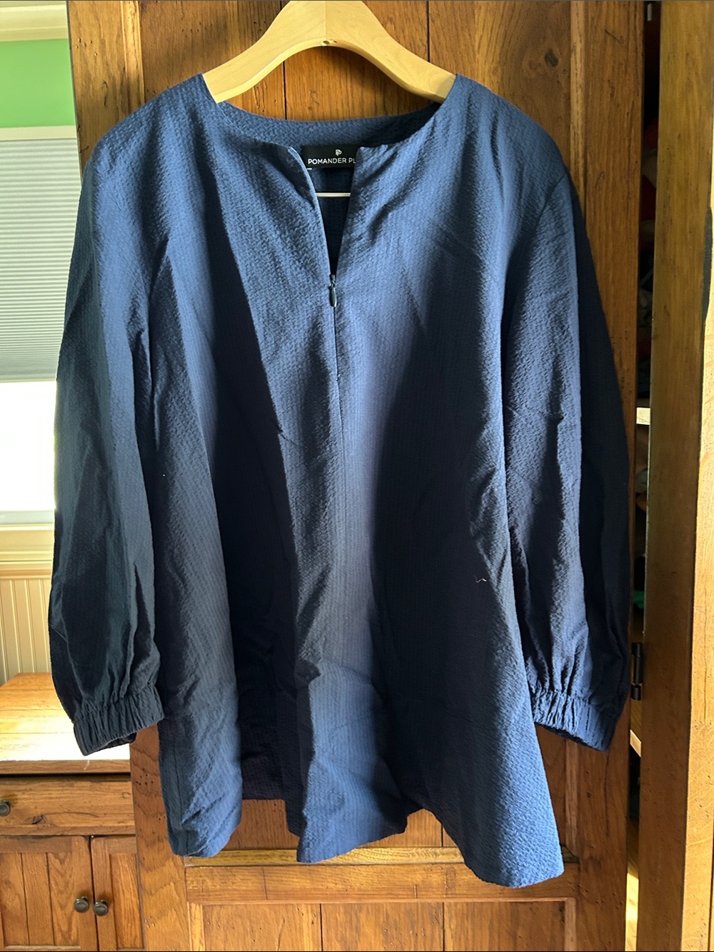 Pomander Place Navy Textured Split-Neck Tunic Blouse